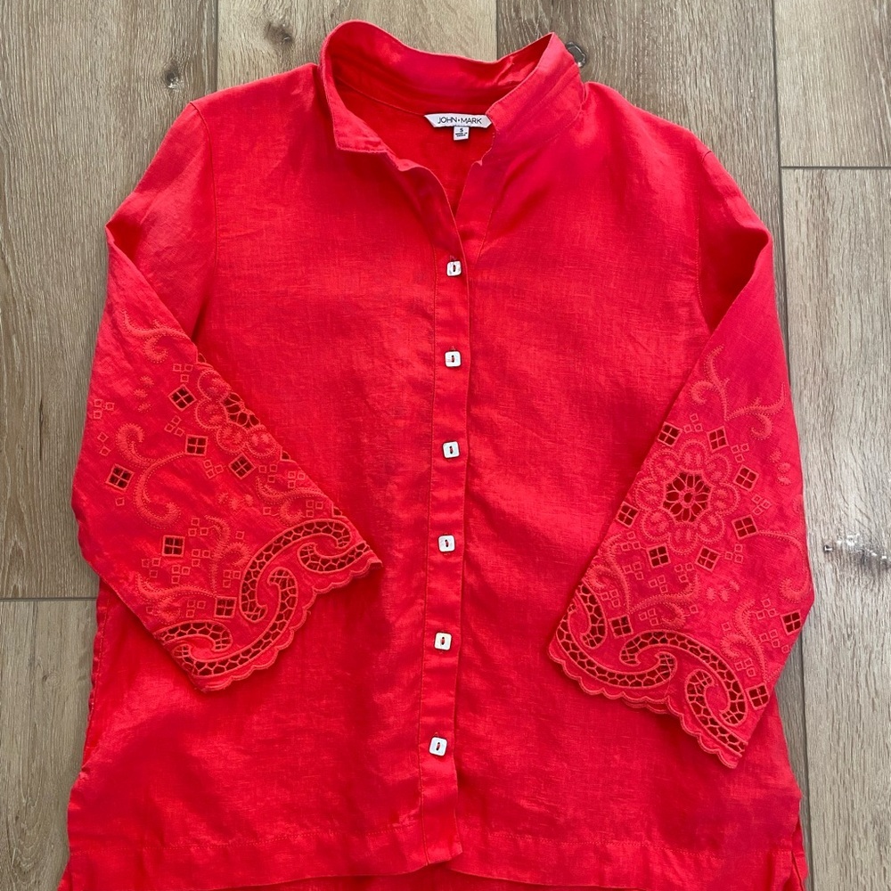 John Mark Top Women’s Size Small Red Button-Down Eyelet Sleeve Shirt Linen